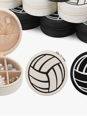 Round Volleyball Graphic Jewelry Travel Case - Cream & Black